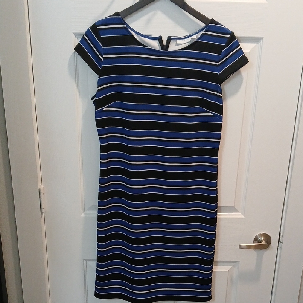 New York & Company Blue and Black Striped Midi Dress